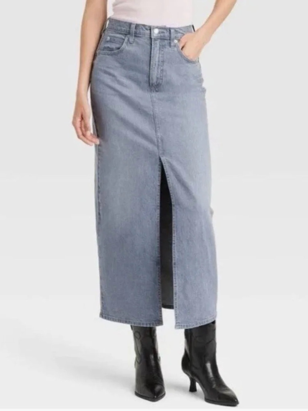 Midi Grey Blue Denim Skirt Universal Thread Jirt Front Slit Size 10R NWT